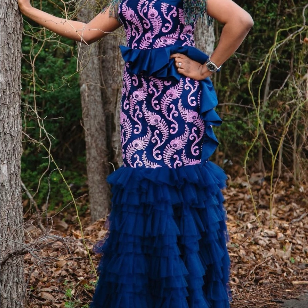 Elegant Blue and Pink Ruffle Dress with beads details on sleeves